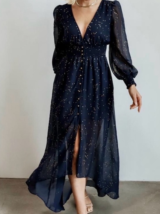 Soieblu Dresses & Skirts - Soieblu Semi Sheer High Low Lined Maxi Dress Navy Button Up Sparkly Gold Dots L